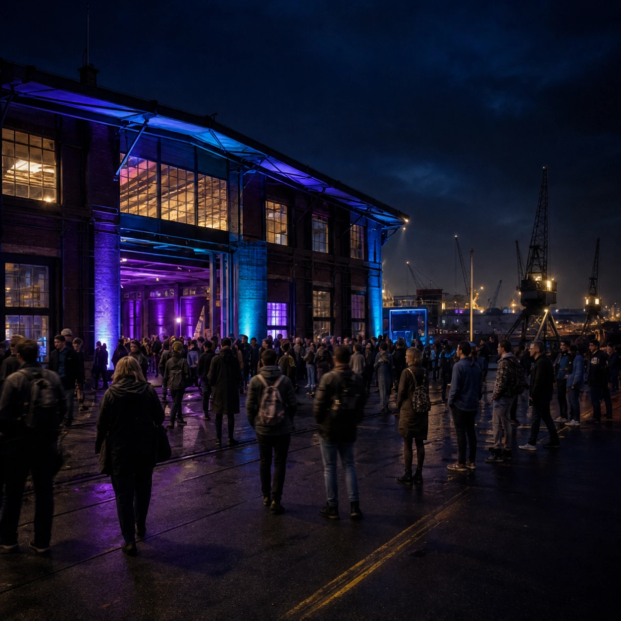 Festivalpublikum in einer Werfthalle am Wasser
